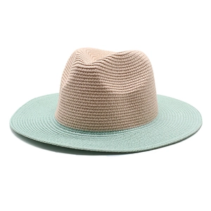 Two-tone British style Panama straw hat in beige and mint green with wide sunshade brim