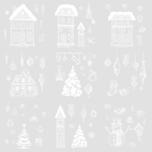 White Christmas window stickers featuring snow houses, trees, and reindeer illustrations