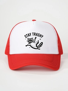 Close-up of trucker hat featuring red mesh, white front, and 'STAY TRASHY' raccoon print