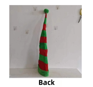 Rear view of a long striped Christmas elf hat with green plush pom-pom and trim