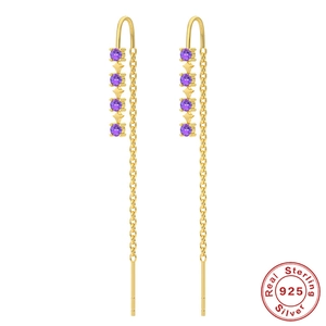 Golden S925 sterling silver drop earrings with four round purple gemstones on white background