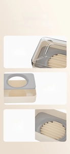 Detail of detachable double-layer soap box with gray drainage tray and clear dust cover