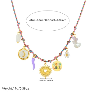 Colorful woven cord necklace with gold-plated sun, moon and heart pendants in boho style