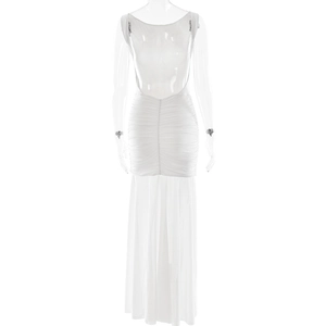 Detailed view of white backless dress featuring pleated bodice and flowing long skirt
