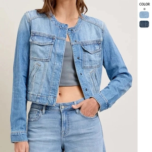 Vintage Denim Jacket Women Round Neck Cropped Multi Pocket Slim Fit Cotton Long Sleeved Casual Streetwear