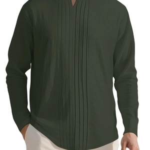 Men's dark green long sleeve linen shirt with decorative vertical pleated front panels