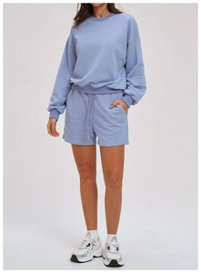 Women's light blue casual sweatshirt set with drawstring shorts in premium soft fabric