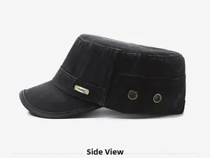 Side view of black washed cotton cadet cap featuring metal eyelets and a logo plaque