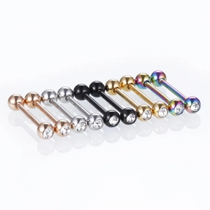 Macro view of ten stainless steel barbell piercing studs in five metallic finishes