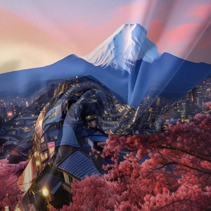 Detailed close-up of Mount Fuji print on soft bohemian tapestry fabric with elegant folds