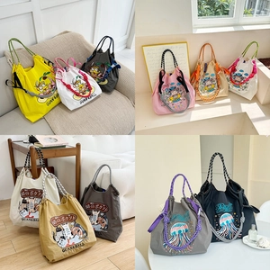 Women Waterproof Nylon Shoulder Tote Bag Cartoon Embroidery Animal Pattern Cinched Rope Straps Casual Bag