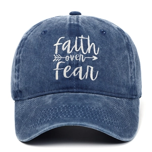 Vintage navy blue washed cotton baseball cap with white Faith Over Fear embroidery
