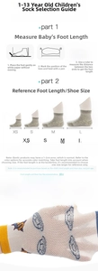 Detailed size chart for breathable mesh cotton socks for boys and girls from 1 to 13 years