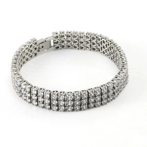 Three-row iced out stainless steel hip-hop bracelet with silver-tone zircon stones