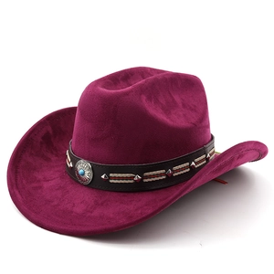 Cappello da cowboy etnico bordeaux in camoscio con ornamento turchese e fascia