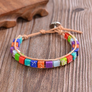 Bracelet En Pierre D'empereur Lapis-lazuli Perles Carrées Fait Main Cuir Véritable Tissé Bijoux Boho Ethniques