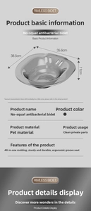 Detailed dimensions of antimicrobial sitz bath basin made of PET material in dark grey