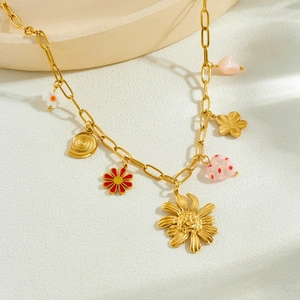 Gold plated stainless steel necklace with colorful sunflower and heart floral pendants