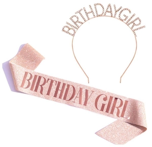 Close-up of rose gold birthday girl crown headband and glitter sash gift set