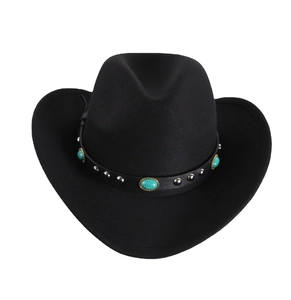Classic black wool western cowboy hat featuring turquoise stones and silver studs