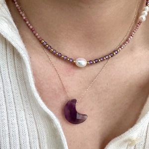 Layered 14K gold plated necklace featuring amethyst crescent moon and pearl beads