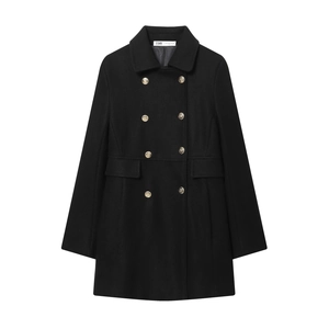 Women's black wool blend short coat with double-breasted gold embossed buttons
