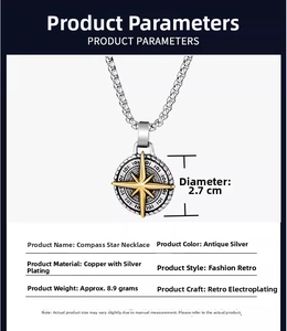 Macro shot of vintage compass star necklace with 2.7cm diameter and silver finish