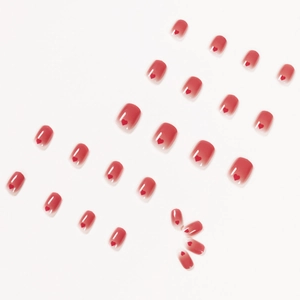 Pink gradient press-on nails with red heart patterns in a 24-piece short square-round set