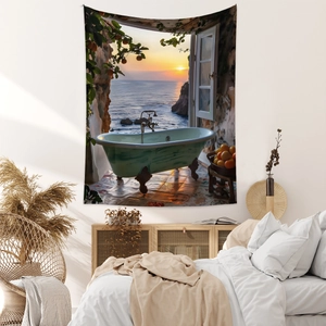 Detail of bohemian tapestry featuring a Mediterranean sea view with a vintage bathtub