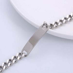 8mm silver stainless steel cuban link bracelet with blank engravable ID plate on ceramic