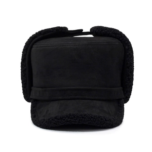Winter thermal faux suede bomber hat with black fleece lining and ear flaps for men