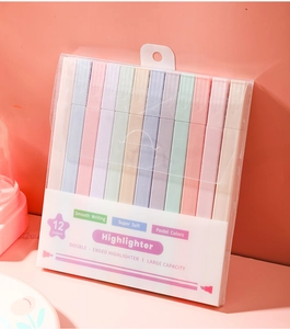 Detail shot of 12 pastel highlighters with dual-tip design and soft macaron colors