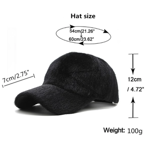 Winter black faux fur baseball hat with size guide and adjustable strap for men and women