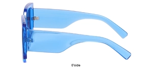Side view detail of blue translucent oversized square sunglasses showing temple curve