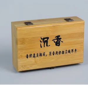 Detailed view of rectangular bamboo storage box for incense with metal hinges and calligraphy