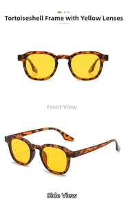 Front and side view of vintage tortoiseshell sunglasses with vibrant yellow lenses