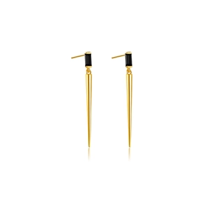 S925 sterling silver drop earrings with black stones and golden conical spike pendants