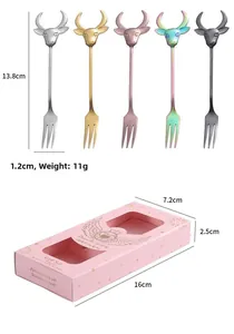 Set of 5 bull-shaped stainless steel dessert forks in various colors with pink gift box