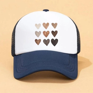 Navy and white mesh trucker hat with nine skin tone heart patterns on front panel