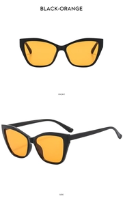 Cat eye sunglasses with thick black frame and bright orange lenses shown from front and side
