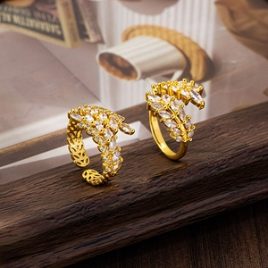 Wheat Ear Open Ring Copper Gold Plated Marquise White Cubic Zirconia Adjustable Luxury Retro Jewelry For Women