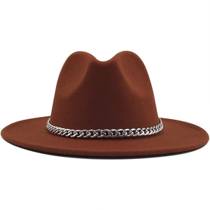 Classic dark brown wide brim fedora hat with a glossy silver metal chain decoration