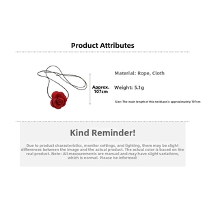 Detail of red fabric rose necklace showing 107cm long thin black cord and 5.1g weight