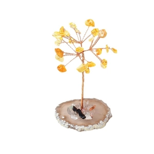 Handmade citrine crystal money tree on agate base with copper wire for desk decor