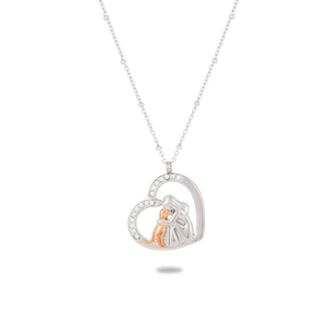 Silver and rose gold heart pendant necklace with rhinestones and figure carving