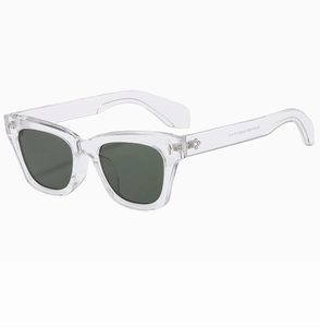 Close-up of transparent glasses frame with dark gray lenses and metal hinge detail
