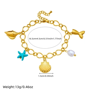 Gold plated stainless steel ocean bracelet with pearl and blue starfish charm charms