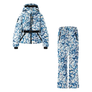 Ski suit set including blue and white abstract print hooded jacket and matching snow pants