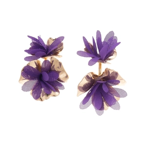 Chiffon fabric flower C-shape earrings with purple mesh petals and gold metal base