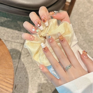 Press On Nails Long Coffin Cute 3D Cartoon Bear Checkerboard Pattern Sweet Pink Gradient False Nails For Women